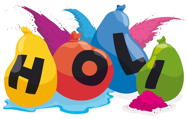 Vector water balloons lined up forming the word holi with colorful powder also called gulal or abir