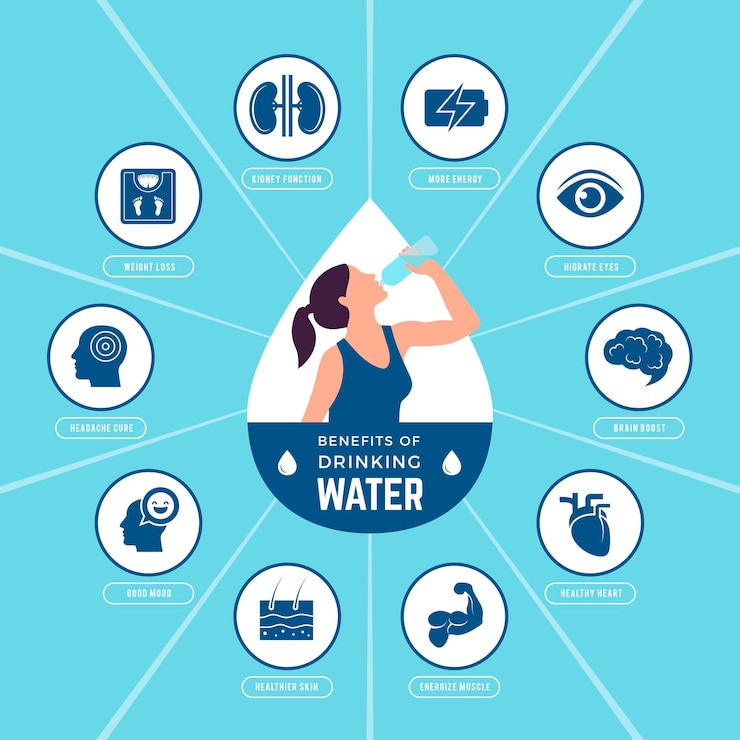 Vector water benefits drinking symbols liquid healthy nutrition for eyes skin and stomach recent vector symbols of water illustration of water to be healthy hydration medical poster