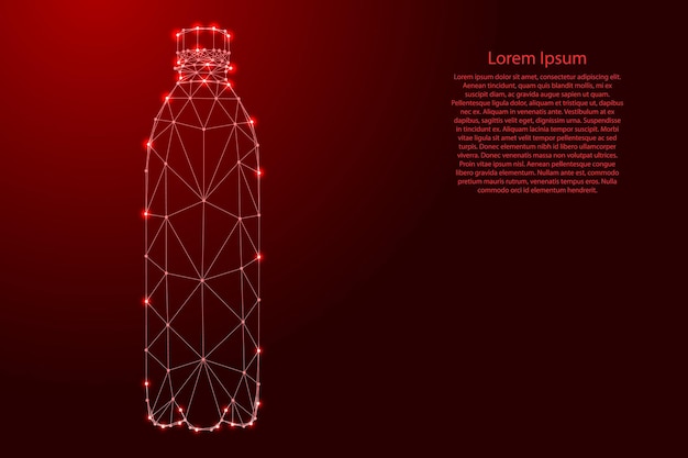 Бутылка с водой, жидкая пластиковая упаковка, чистая природная артезианская питьевая вода из футуристических многоугольных красных линий и светящихся звезд для баннера, плаката, поздравительной открытки, низкополигональная концепция, векторная иллюстрация