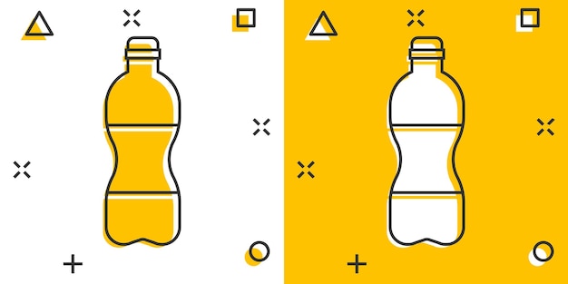 Water bottle icon in comic style Plastic soda bottle vector cartoon illustration pictogram Liquid water business concept splash effect