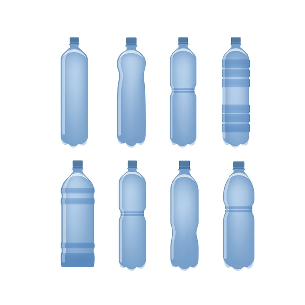 Water bottles set for drinking liquids on white.