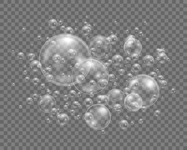Вектор Пузырьки воды. прозрачные, реалистичные мыльные пузыри. белый прозрачный стеклянный шар или шар, блестящий глянцевый пузырь.