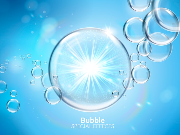 Пузыри воды с сияющим светом, голубой фон, иллюстрация