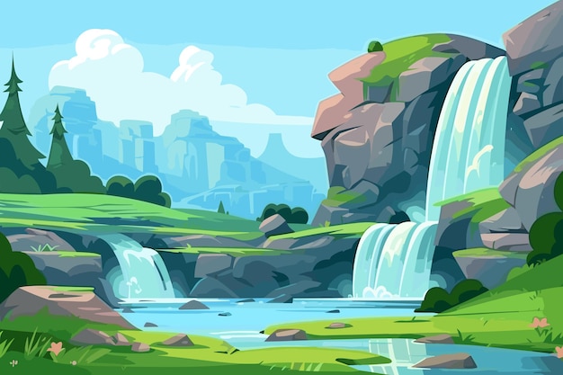 Vector water cascade game asset landscape waterfall flat vector art illustration