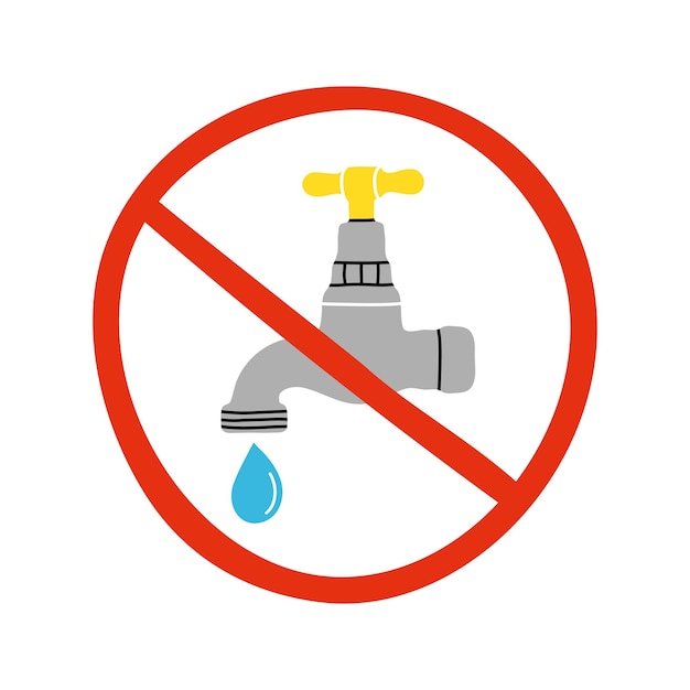 Vector water clipart in flat style hand drawn illustration of water tap faucet and drop in prohibited sign