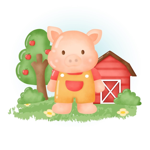 Vector water color hand drawn cute pig cartoon.