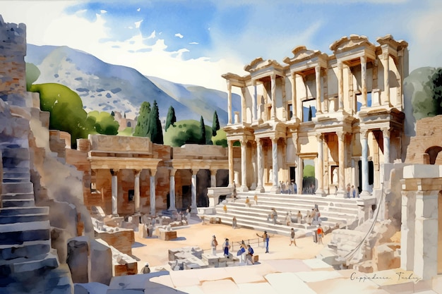 Vector water color painting of the grand facade of ephesuss ancient celsus library