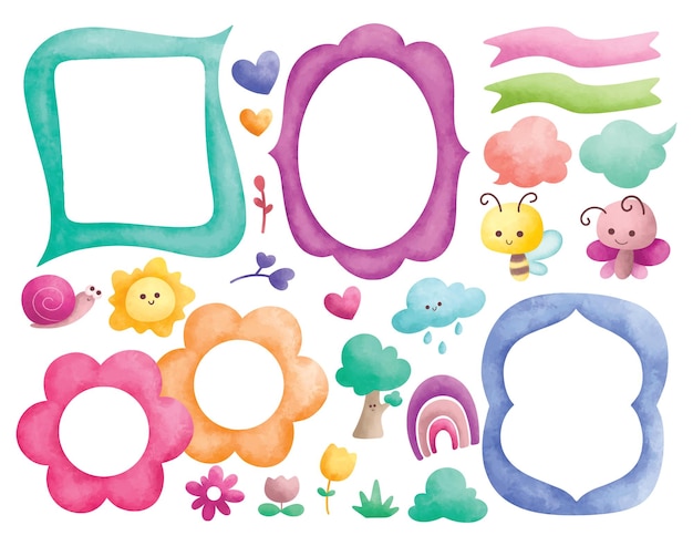 Water color style frame with cartoon animals flowers and tree doodles vector illustration