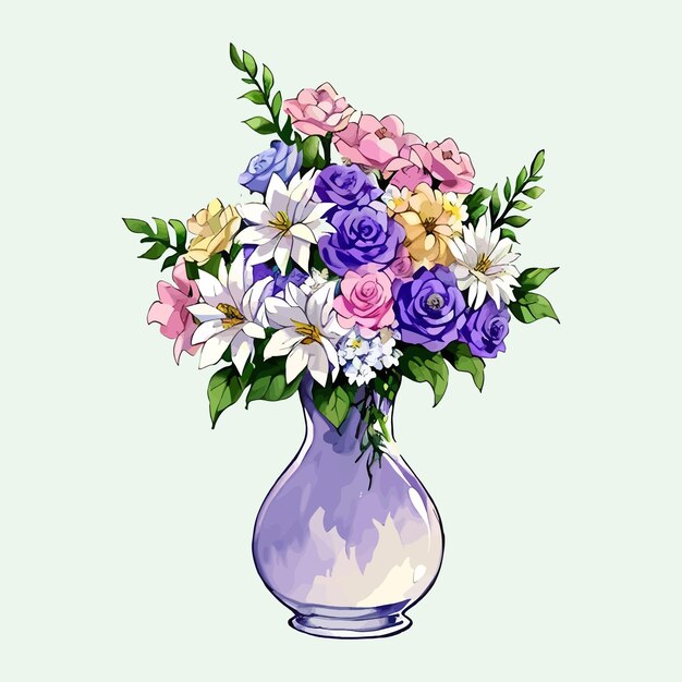 Акварельный векторный цветок и листья в вазе для свадебного приглашения и садовых растений