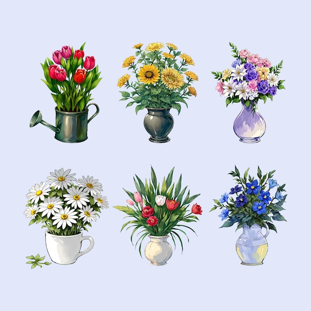 water color vector set of flower floral leaves collection in pot vase for wedding invitation