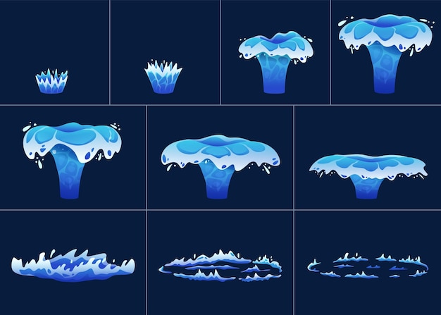 water crown splash animation dynamic burst and splashing droplets with rebound effect and circular ripple fluid motion animated frames sequence cartoon vector set