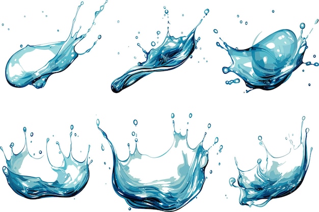 Water crown splashes and wave swirl with drops Vector transparent blue liquid splashing fluids with