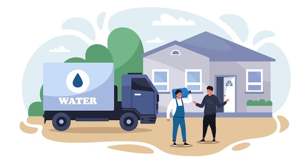 Vector water delivery concept cartoon characters with mineral water bottle and tank online delivery service of clean drink vector isolated illustration