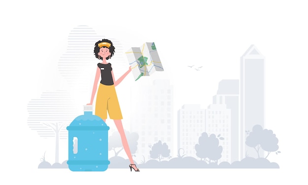 Vector water delivery concept the girl is holding a map the character is depicted in full growth vector illustration