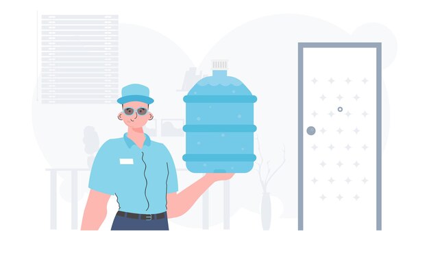 Water delivery concept the man is holding a large water bottle the character is depicted to the waist vector illustration