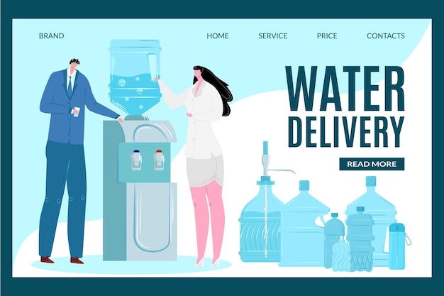 Water delivery for office landing banner vector illustration plastic bottle with liquid cooler galon