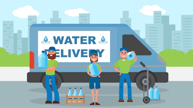 Vector water delivery service, courier near bottle at cargo  illustration. man woman worker character shipping water for company.