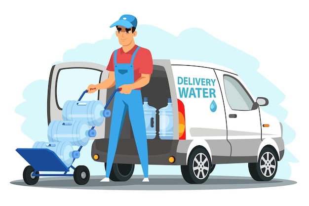 Water delivery service illustration smiling man with bottles in uniform standing near delivery truck