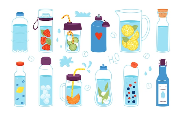 Water drink elements Cute drinks caps drops splashing and glasses Reusable and sporting bottles Fresh healthy mineral drink with citrus fruits decent vector set