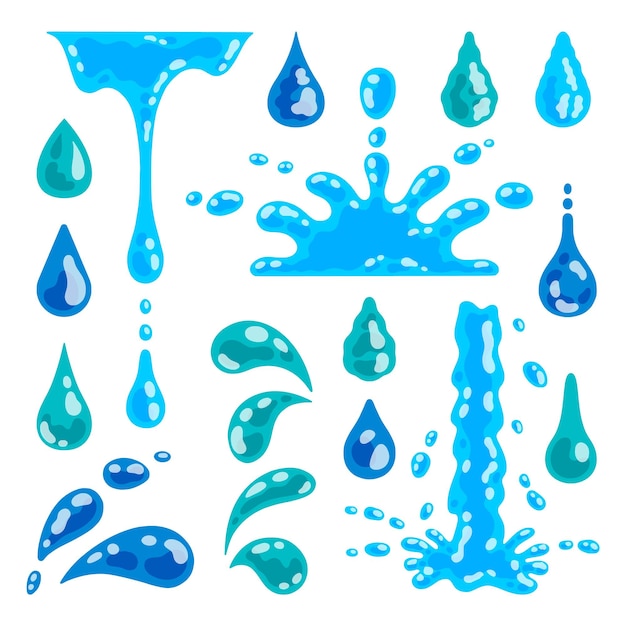 Вектор Капли воды и брызги мультфильм жидкие капли графический шаблон чистые и чистые волны воды утренняя роса и капли дождя векторный набор капель жидкости