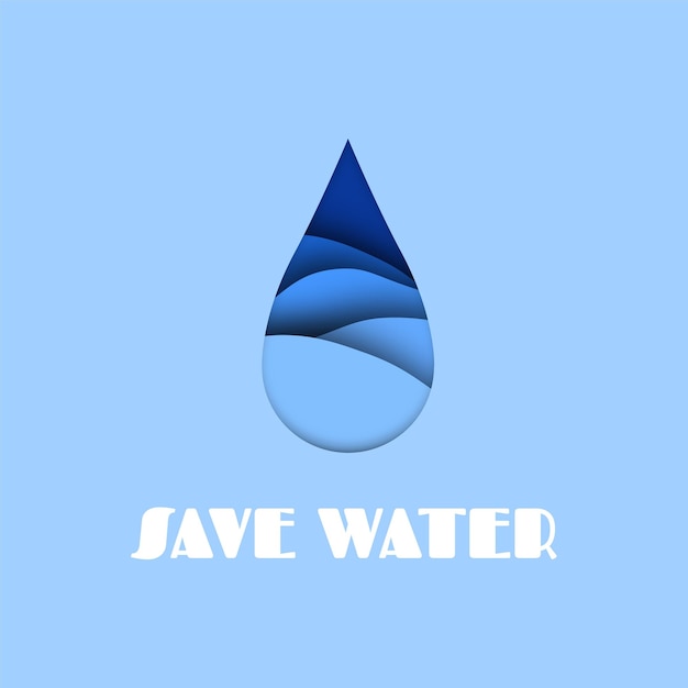 Water drop. Aqua paper cut effect, save sea and ocean concept, abstract falling droplet of blue liquid with white text vector illustration in carving style