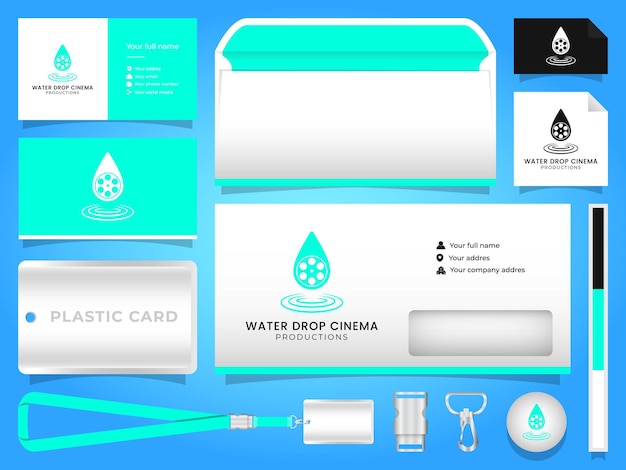 Water drop cinema logo with company business stationery template