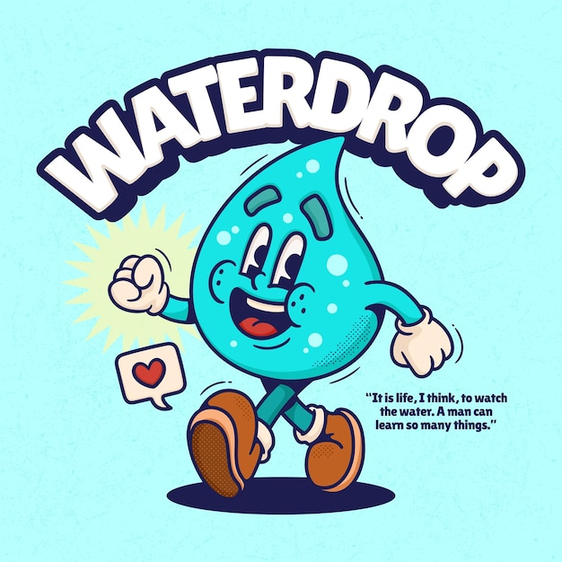 Vector water drop cute trendy retro cartoon vector hand drawn