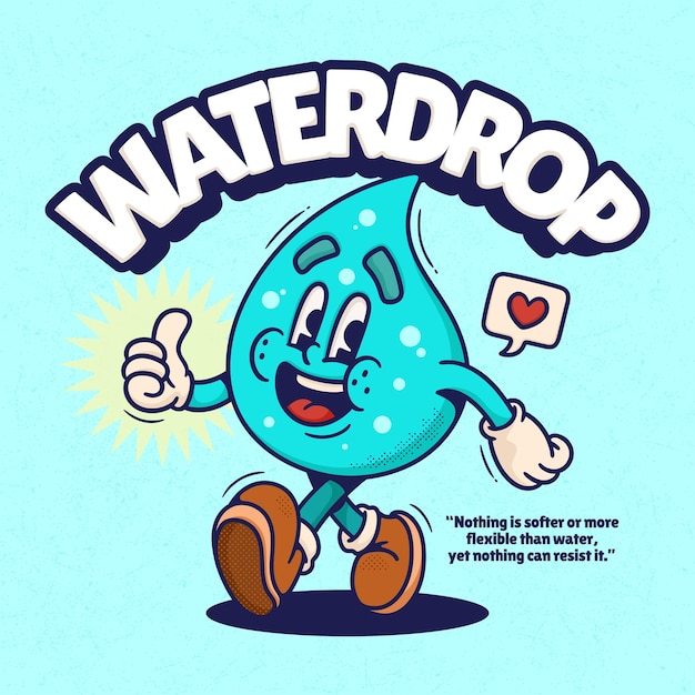 Water Drop Cute Trendy Retro Cartoon Vector Hand Drawn