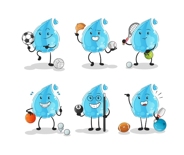 water drop sport set character. cartoon mascot vector