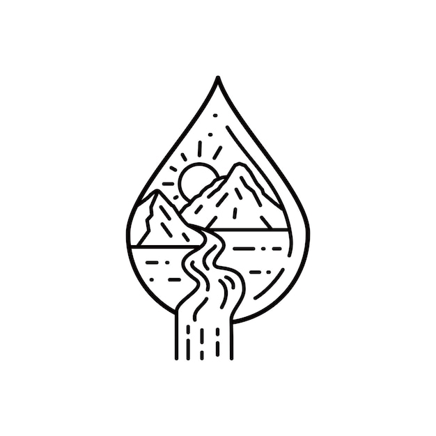 Goccia d'acqua e cascata paesaggio linea esterna arte disegnata a mano logo illustrazione adesivo o timbro