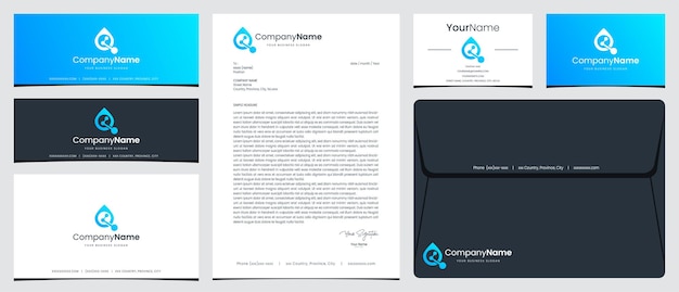文房具の名刺とソーシャルメディアのバナーデザインの水滴技術ロゴ