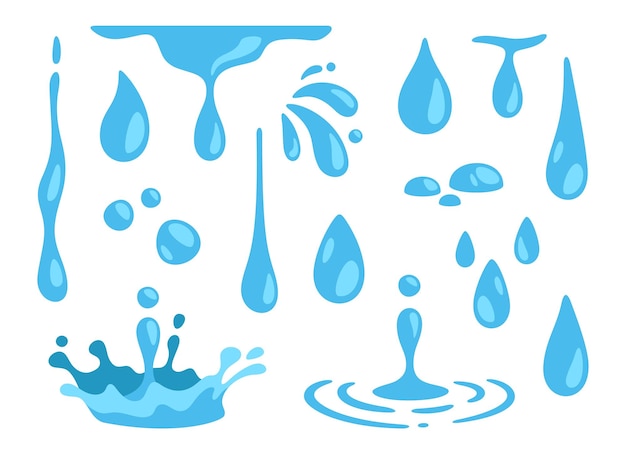 Water drops Abstract nature blue falling pure drop Raindrops Watering motion shape water Puddle dropping splash liquid flow Juice and drinks Vector collection