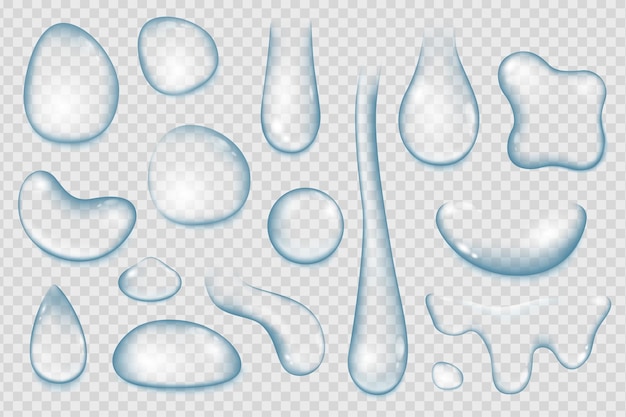 Water drops mega set in 3d realistic design Bundle elements of different types of rain droplets pure condensation tear and fresh dew on transparent Vector illustration isolated graphic objects