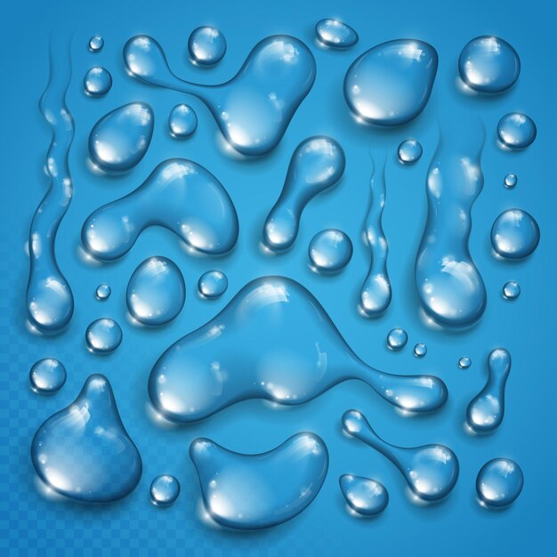 Water drops set vector realistic 3d elements collection, transparent dew condensation drops over transparency checker mesh, prepared to put over blue background.