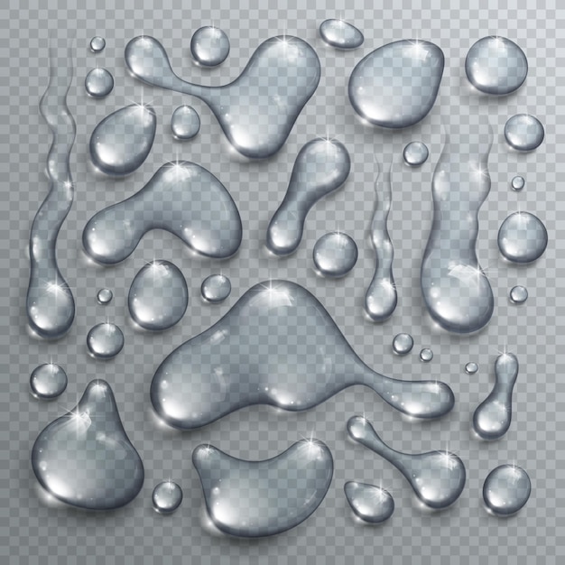 Vector water drops set vector realistic 3d elements collection, transparent dew condensation drops over transparency checker mesh, ready to put over any background.