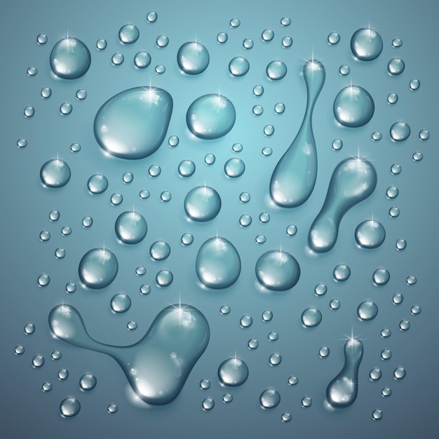 Water drops in shower or pool, condensate or rain droplets realistic transparent vector illustration, easy to put over any background or use droplets separately.