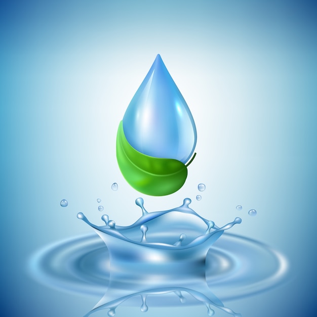 Water drops. Transparent splashes wasting promo concept wave industrial purification of water vector realistic picture. Illustration drop water, liquid splash blue