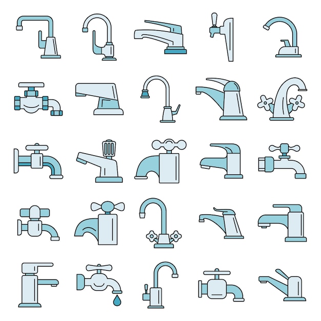 Vector water faucet icons set outline set of water faucet vector icons thin line color flat on white