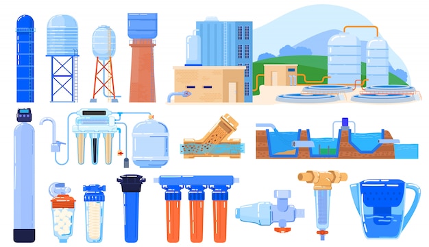 Vettore l'industria del filtro da acqua ha messo su bianco, ingegneria del sistema di purificazione, illustrazione
