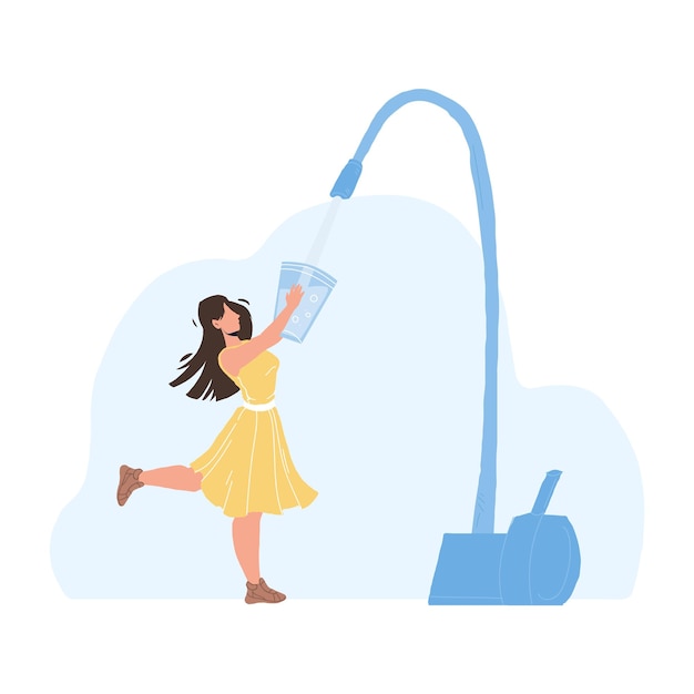 Vector water filter kraan gieten in glas meisje vector. jonge vrouw met beker en het vullen van vers schoon water uit de kraan. character lady filtration drink, healthy purity liquid flat cartoon illustration