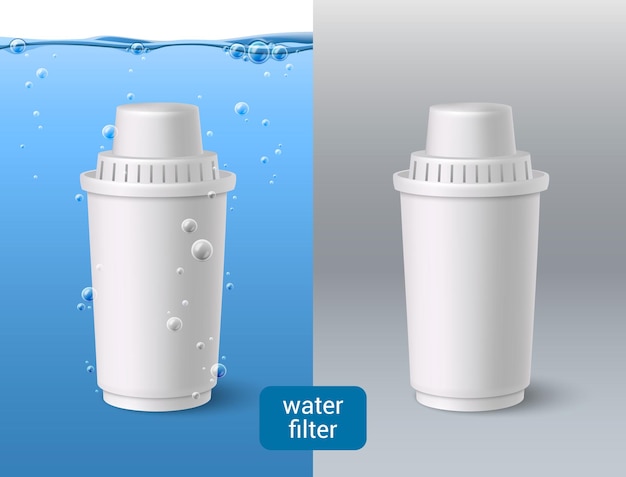 Composizione realistica del filtro dell'acqua con cartuccia di ricambio nell'illustrazione vettoriale dell'acqua