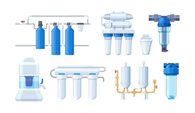Vector water filter system set. modern machine aqua purity treatment container replaceable cartridge