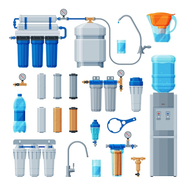 water filters collection equipment for water cleaning special modern technologies for purification vector illustration