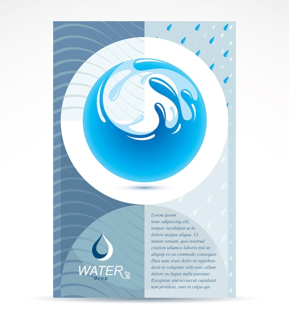 Вектор Дизайн обложки буклета по теме фильтрации воды, титульный лист. концептуальная синяя векторная иллюстрация пресной воды для использования в спа и курортных организациях, планета земля.