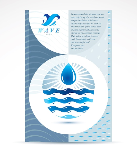 Vettore design della copertina dell'opuscolo sul tema della filtrazione dell'acqua, prima pagina per l'uso nella pubblicità dell'acqua minerale. idea di vettore della spruzzata dell'onda di mare.