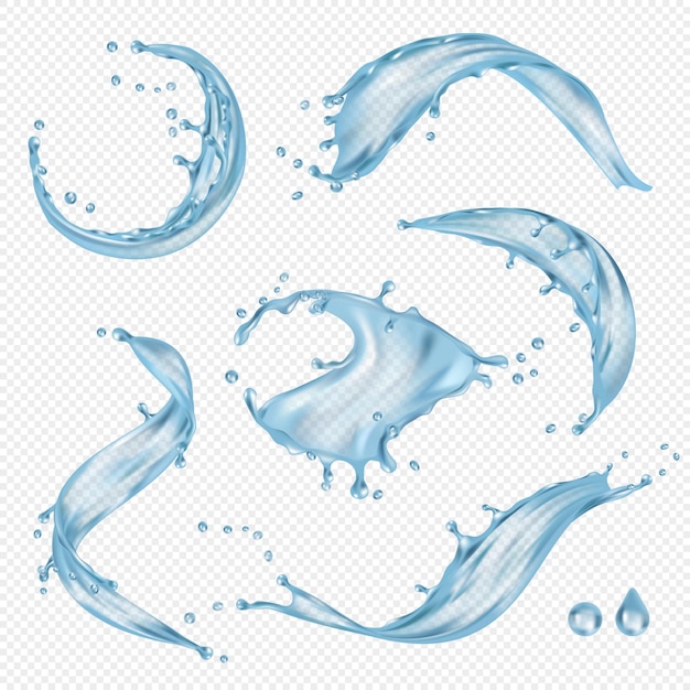 Water flowing. Transparent ocean splashes liquid water vector drops collection