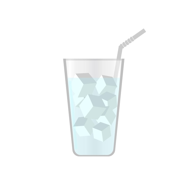 Vector water in a glass with ice cubes and a bending straw