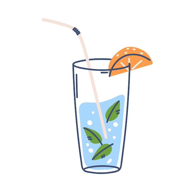 Water glass with mint leaf, orange slice and straw. Cold fresh aqua drink infused with citrus fruit and peppermint. Summer refreshment. Flat graphic vector illustration isolated on white background