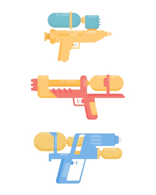 Коллекция водяного пистолета. плоские красочные игрушки. иллюстрация на белом фоне.