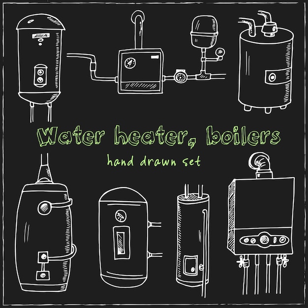 Water heater, boilers hand drawn doodle set